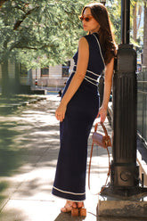 One Shoulder Ric Rac Trimmings Sleeveless Maxi Dresses-Navy Pre Order